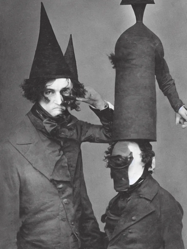 Image similar to edgar allan poe wearing a traffic cone on his head