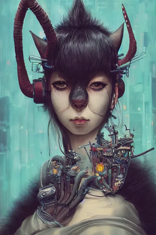 Image similar to a portrait of a cyberpunk japanese devil animal illustrated by miyazaki by karol bak, james jean, tom bagshaw, rococo, sharp focus, trending on artstation, cinematic lighting, hyper realism, octane render, 8 k, hyper detailed, vivid, ultra detailed, highly detailed