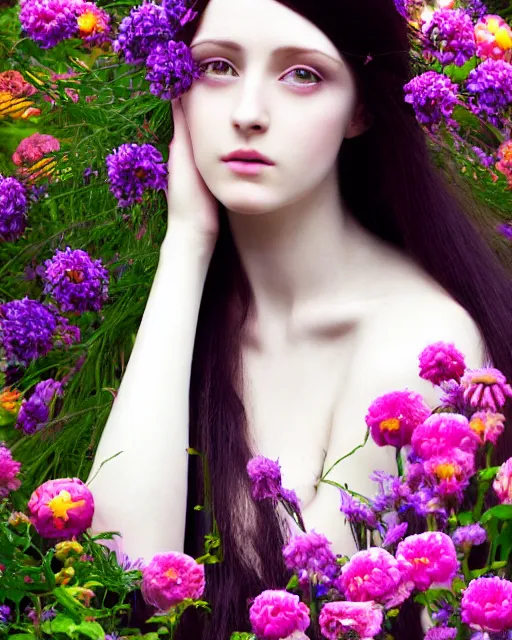 Image similar to an stunning beautiful girl is surrounded by colourful pre - raphaelites flowers and plants, symmetric face and eyes, manga style, long straight black hair, visible face 8 k, soft focus, melanchonic soft light, volumetric lighting, highly detailed realistic, refined, highly detailed, soft blur outdoor lighting, fine art fashion photography 5 0 mm f 2