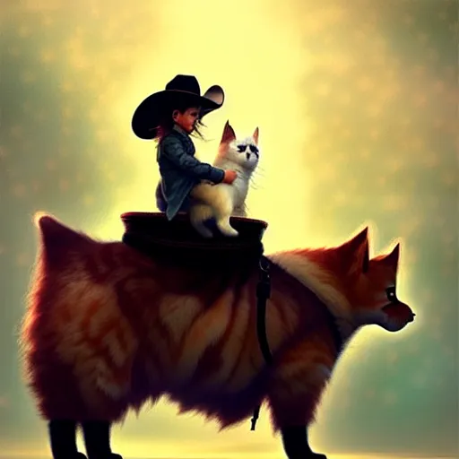 Image similar to fluffy cat in cowboy hat like a tiny girl riding on the back of a giant corgi by greg rutkowski