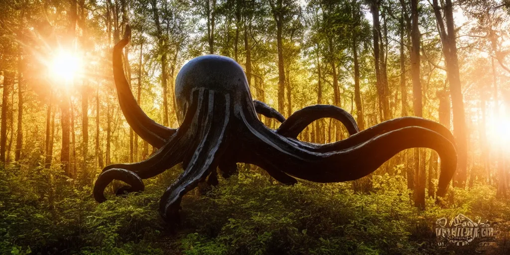 Image similar to a highly detailed giant black octopus god in the middle of a forest, beautiful ambient light, sun rays hitting the slightly transparent creature, golden hour, 8k photography