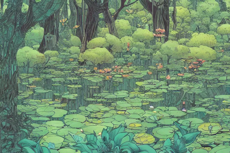 Prompt: a forest and the lily pond, that looks like it is from Borderlands and by Feng Zhu and Loish and Laurie Greasley, Victo Ngai, Andreas Rocha, John Harris