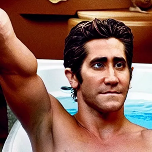 Prompt: a movie poster of Jake Gyllenhaal as patrick Swayze sitting in a hot tub in the movie Road House