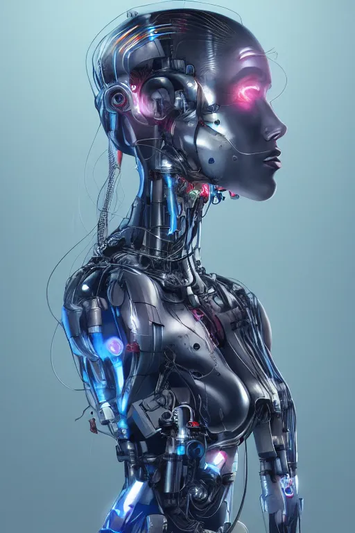 Image similar to A cyborg girl with a beautiful face, wires and mechanisms are visible from under the skin, in some places the mechanisms stick out from the body, full-length view, artstation featured