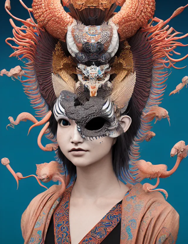 Image similar to 3 d goddess close - up frontal portrait with ram skull. beautiful intricately detailed japanese crow kitsune mask and clasical japanese kimono. betta fish, jellyfish phoenix, bio luminescent, plasma, ice, water, wind, creature, artwork by tooth wu and wlop and beeple and greg rutkowski