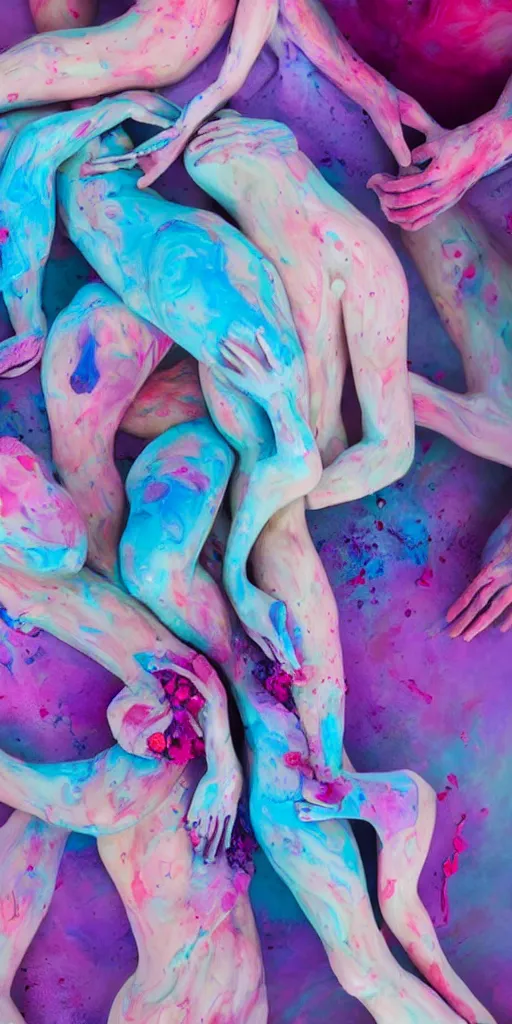 Image similar to closeup photograph of a surrealist sculpture human bodies intertwined, a lovely cornucopia of flowers and human body parts, body parts, paint pour, swirling paint, pink blue and purple color scheme, muted color palette, skin tones, highly detailed, octane render, cinematic