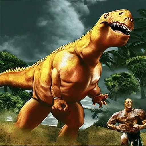 Image similar to “ dwayne johnson fighting dinosaurs in the jungle, playstation 2 graphics ”