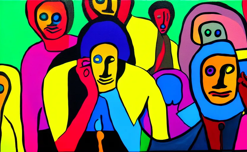 Image similar to a surreal colourful painting of a frightened young man surrounded by people without eyes and crt television s 1 5 0