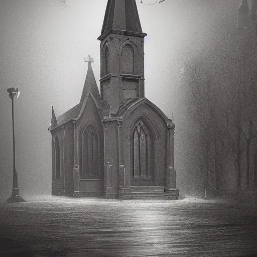 Image similar to victorian church in the middle of the city, dark, misty, at night, 8 k, detailed, concept art, trending on artstation