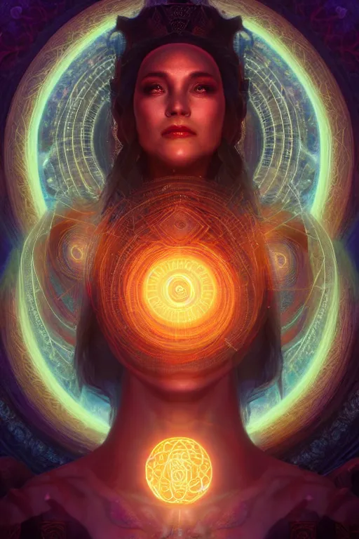 Prompt: a centered render of a wise and mystical goddess shaman summons the souls of ancestors past and is surrounded by ethereal lights and fractal geometry, cinematic, beautifully lit, perfect face, by artgerm, by beeple, by karol bak, by donato giancola, 3 d, trending on artstation, octane render, 8 k