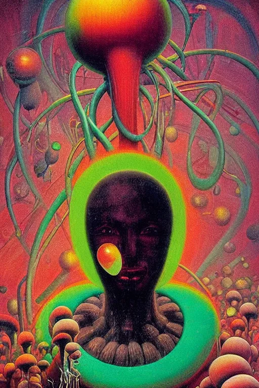Image similar to 8 0 s art deco close up portait of mushroom head with big mouth surrounded by spheres, rain like a dream oil painting curvalinear clothing cinematic dramatic cyberpunk textural fluid lines otherworldly vaporwave interesting details fantasy lut epic composition by basquiat zdzisław beksinski james jean artgerm rutkowski moebius francis bacon gustav klimt