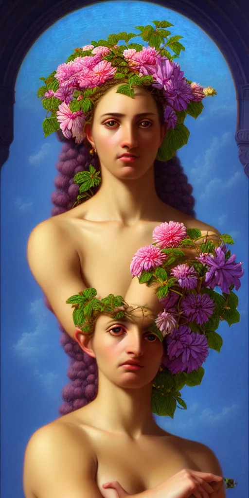 Image similar to portrait of the goddess of tennis, unusual beauty, flowers and plants, emotionally evoking symbolic metaphors, head in focus, fantasy, ornamental, intricate, elegant, sensual, highly detailed digital painting, artstation, concept art, painterly, golden ratio, sharp focus, illustration, art by John William Godward and Boris Vallejo and Zdzisław Beksiński,