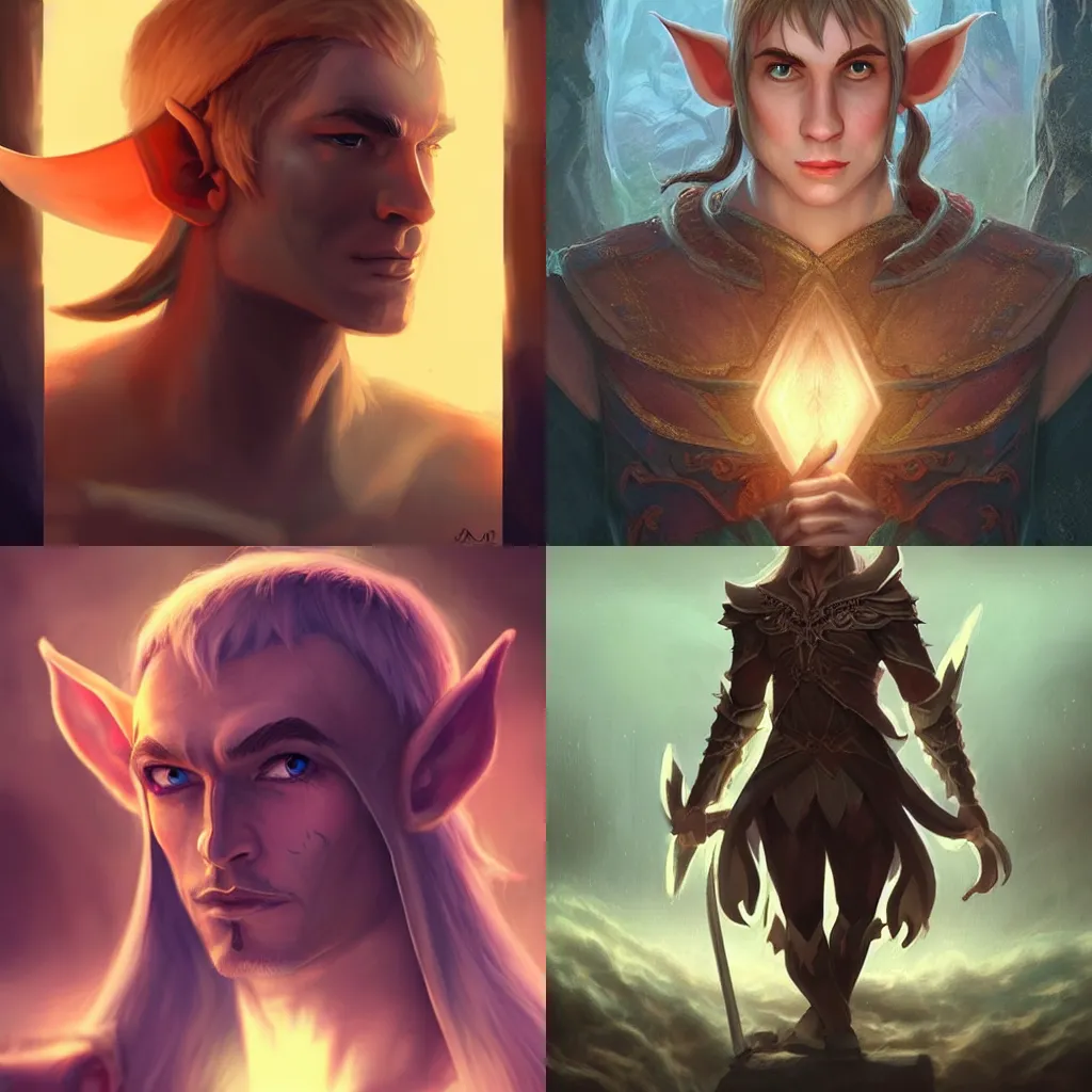 Prompt: A male elf, forwards facing, centered, fair, fantasy concept art, beautiful, magical lighting, shimmers, nature, Artstation, instagram