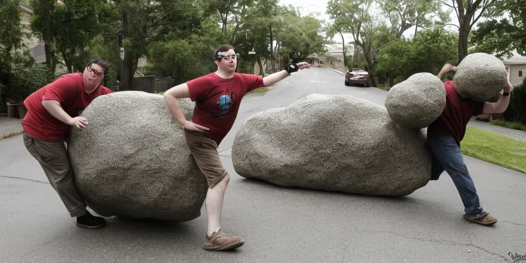 Image similar to Rocco Botte pushing a giant Boulder down a suburban street, natural lighting, 2008
