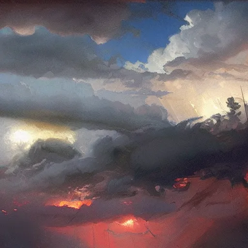 Prompt: a beautiful thunderstorm rolling over a small town, with the clouds illuminated slightly red, ominous, eerie, wayne barlow, craig mullins