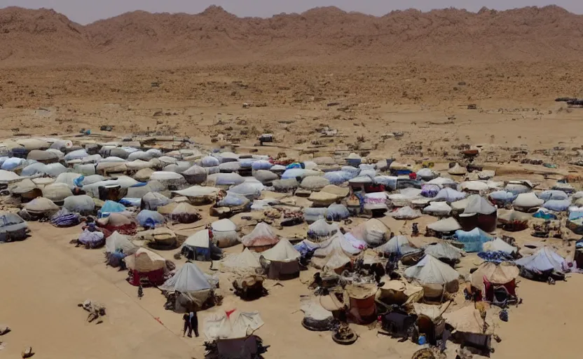 Prompt: A wide-angle shot of the scene, the conceptual art design depicts a tent bazaar in a Middle Eastern desert region. Canvases with Japanese floral patterns make up the tents.