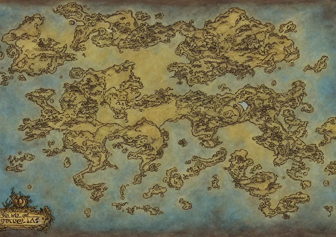 Image similar to simple fantasy map, the land of Odrua, several continents, world of Lute, by JRR Tolkien and Brian Froud, Vatican Map Room, fantasy concept painting, Magic The Gathering Art, trending on art station, showing kingdoms, oceans, continents, vast seas, open plains, swamps frame border