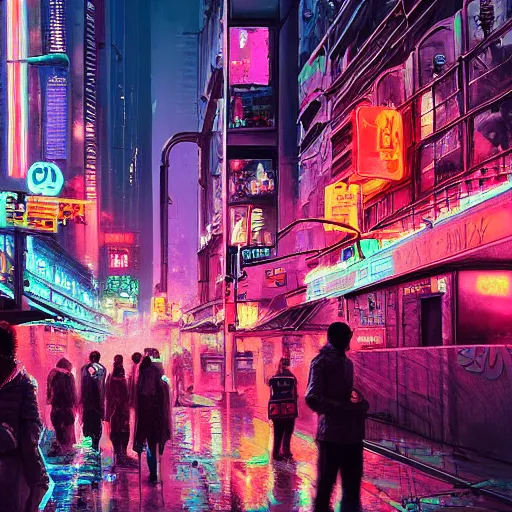 Prompt: Neon city, big street, people walking, Sergey Zabelin, cyberpunk, high detail, photo realistic, art station