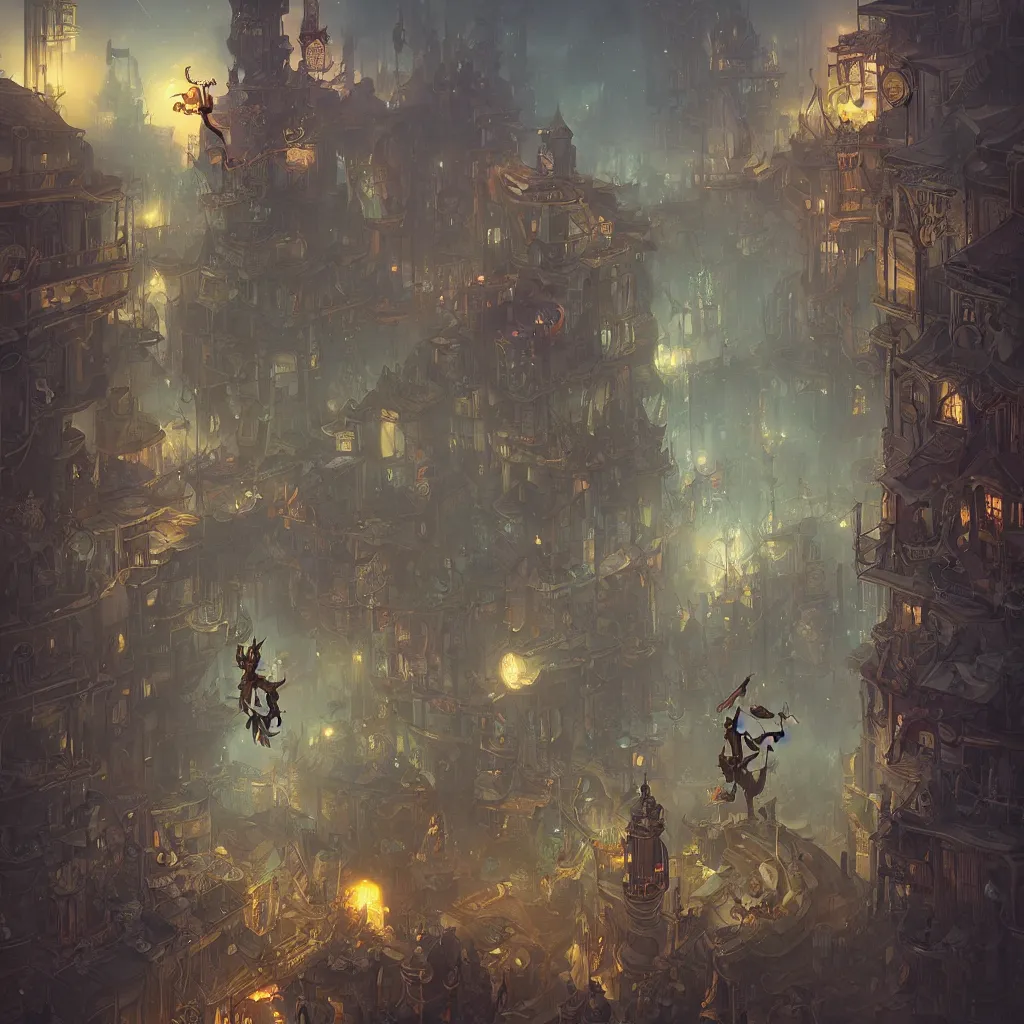 Prompt: tarot the fool standing in a steampunk city by peter mohrbacher and dan mumford and nekro, cgsociety, volumetric light, 3 d render