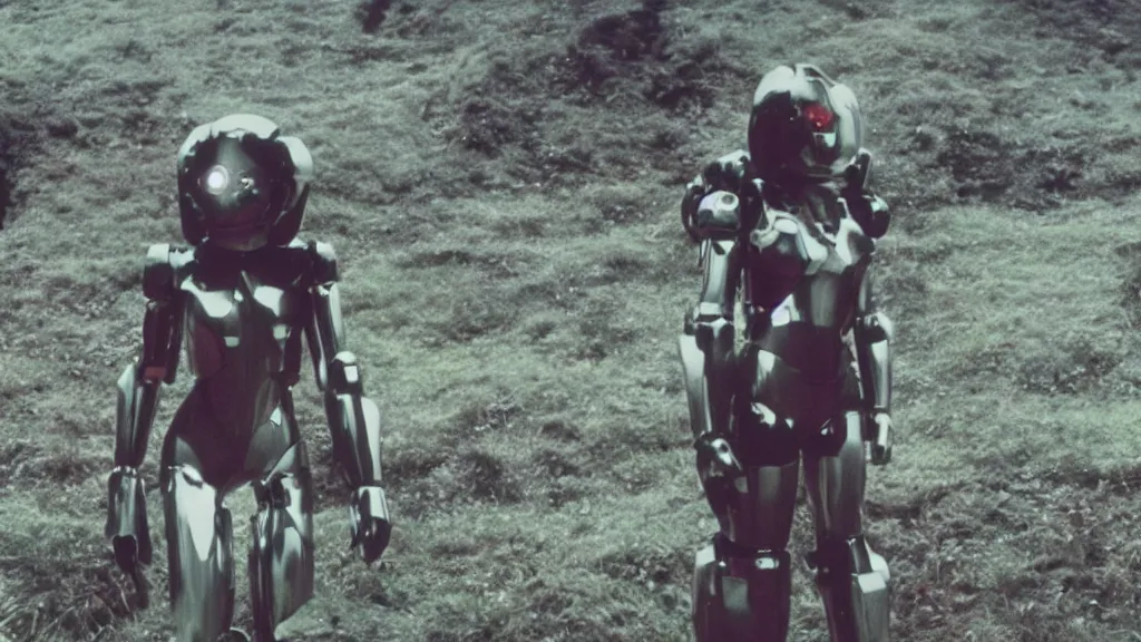 Prompt: Björk in a mechsuit mecha on a hillside beautiful cinematic photography cinematography 35mm film still