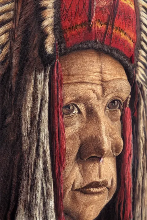 Image similar to hyperrealism close-up portrait lama in War bonnet in style of da Vinci