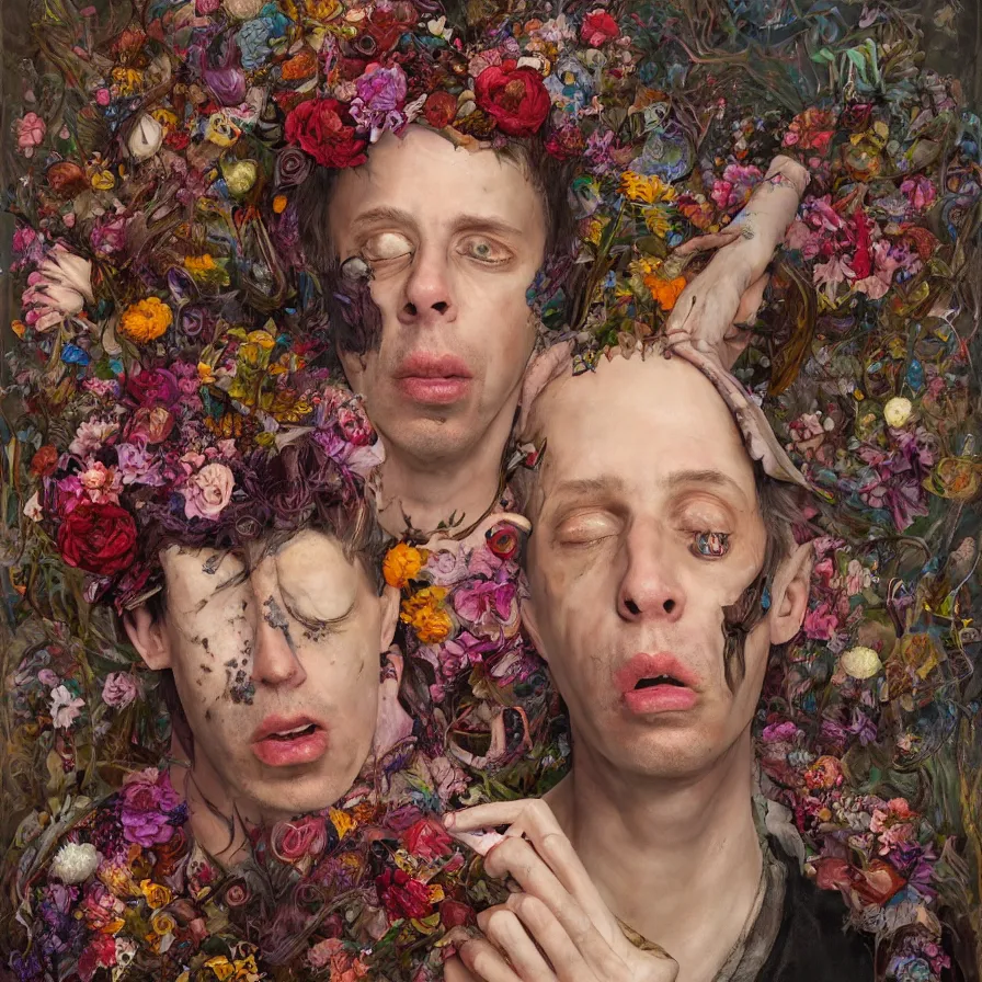 Image similar to male portrait of anorexic john zorn todd solondz eating rotten flesh and puking blood wearing a thong, surrounded by flowers by karol bak, james jean, tom bagshaw, rococo, trending on artstation, cinematic lighting, hyper realism, octane render, 8 k, hyper detailed.