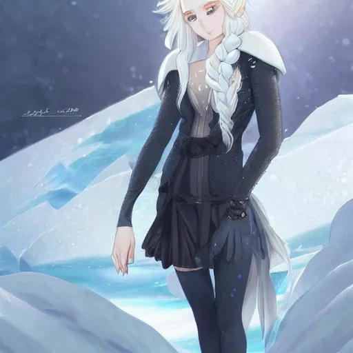 Image similar to white-haired anime girl frozen in an ice floe, fashion is running D&D, fantasy, intricate, elegant, highly detailed, digital painting, artstation, concept art, matte, sharp focus, illustration, art by Artgerm and Greg Rutkowski and Alphonse Mucha, UHD