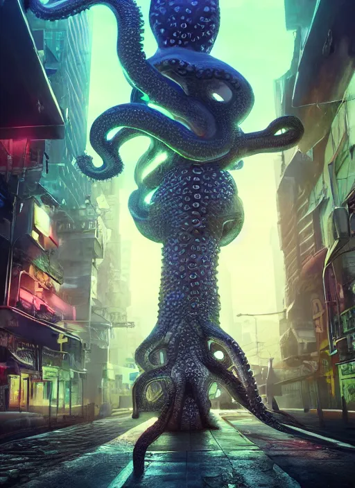 Prompt: hyperrealism, detailed textures, photorealistic 3 d cyberpunk octopus in apocalyptic city, futuristic clothing and helmet, neon colors, ultra realistic, cinematic, intricate, low light, unreal engine 8 k