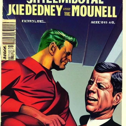 Prompt: comic book cover of'jfk meets the underground mole people ', art by alex ross