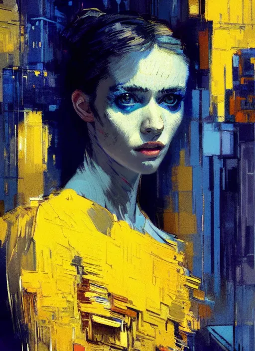 Image similar to portrait of a beautiful girl, new york backdrop, sad, shades of blue and yellow, beautiful face, rule of thirds, intricate outfit, spotlight, by greg rutkowski, by jeremy mann, by francoise nielly, by van gogh, digital painting