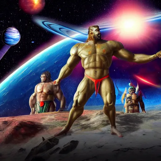 Image similar to god of universe gigachad colosus on space surrounded of planets