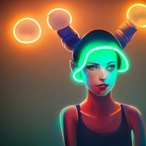 Image similar to cute young woman with robot ears and eyes, 4k, sharp focus, neon colored fluorescent lighting, jordan grimmer