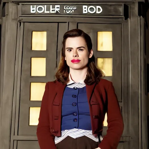 Image similar to a beautiful full body photograph of hayley atwell dressed as the doctor from doctor who standing in front of the tardis, symmetrical face, extreme realism and detail, 8 k, completely framed, direct lighting, 3 5 mm photo, photorealistic, sharp focus