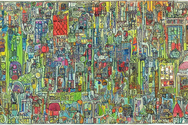 Prompt: an elaborate penned child illustration of a colorful intricate connected city of tubes and pipes, by jan van haasteren