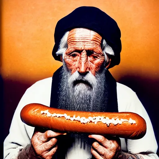 Image similar to Colour Photography of 1000 years old man with highly detailed 1000 years old face. Man eating hot-dog in style of Josan Gonzalez