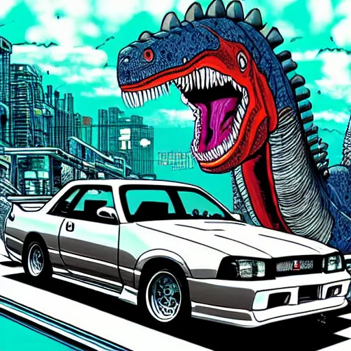 Prompt: beautiful hyper-detailed full colour manga illustration of a giant titan dinosaur biting a nissan skyline r34, cyberpunk, neon, car wreck