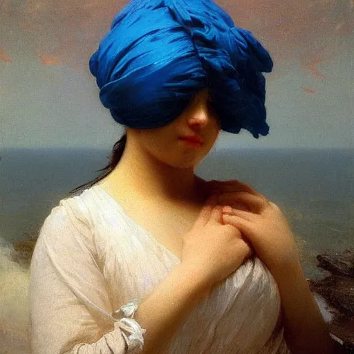 Image similar to a woman’s face, her eyes are covered with a blue satin blindfold, by ivan aivazovsky and alma tadema and and willen claesz heda
