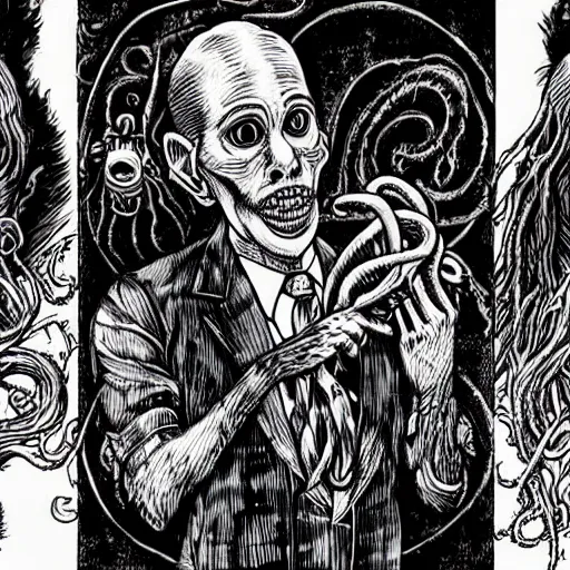 Prompt: the call of cthulhu in the style of junji ito,! dream the dunwich horror, hyper realistic, photorealistic, highly detailed