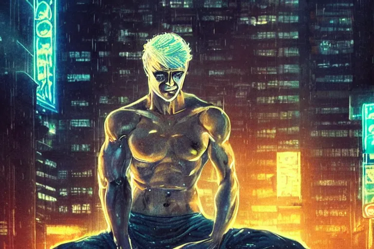 Image similar to roy batty with a bare torso sits in the lotus position with his head bowed in the rain on the roof of a building in the cyberpunk future, around neon signs, a little haze, night, realistic proportions, anime style ghost in armor