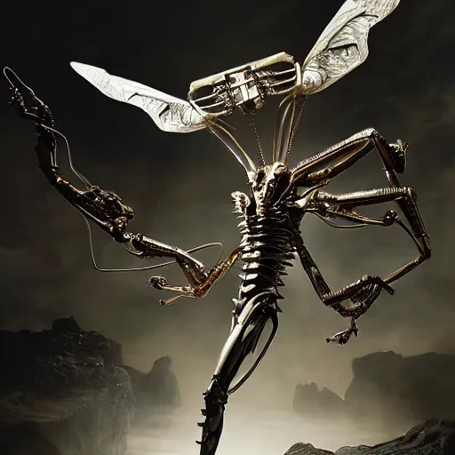 Image similar to still frame from Prometheus movie by Makoto Aida, flying biomechanical angel gynoid by giger, mimicking devil's dragon flower mantis, metal couture by neri oxmn and Guo pei, flying angel editorial by Malczewski and by Caravaggio