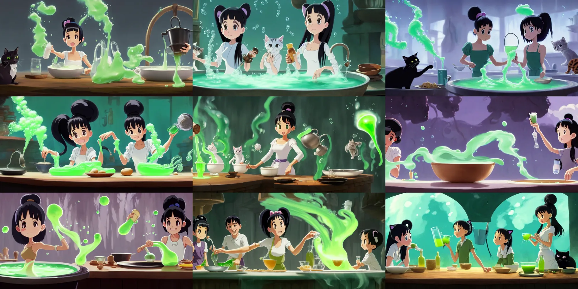 Prompt: a wholesome animation key shot of a ariana grande with black hair as a white cooking a magic potion in her cauldron of bubbling green liquid as her cats watch, medium shot, waist up, studio ghibli, pixar and disney animation, sharp, rendered in unreal engine 5, anime key art by greg rutkowski, bloom, dramatic lighting