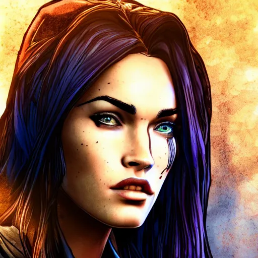 Image similar to megan fox portrait, borderlands, tales from the borderlands, the wolf among us, comic, cinematic lighting, studio quality, 8 k