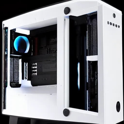 Prompt: futuristic!!! gaming pc with white lighting and a white case, hd photograph, highly detailed, intricate