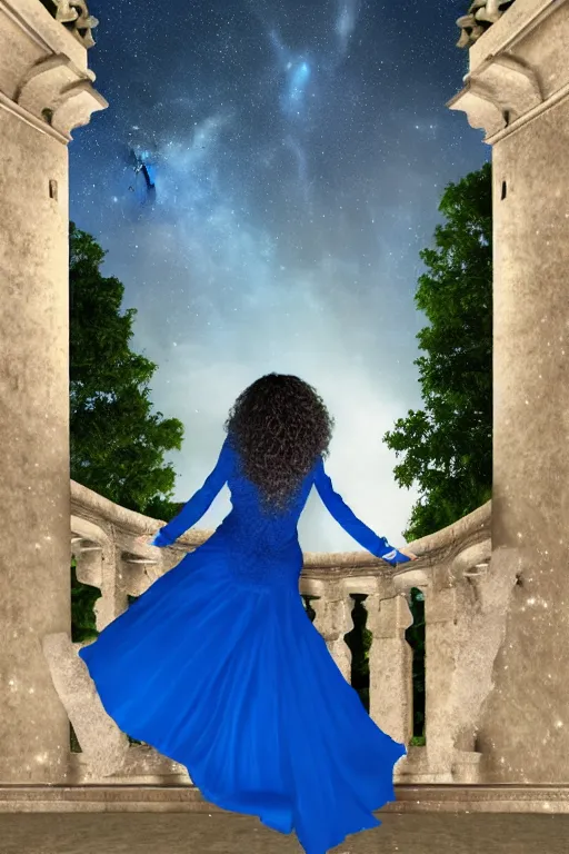 Image similar to a full body tall young female with curly shining hairs in blue dress rounding on a balcony of castle under a falling stars, view from a behind perspective. vfx effects, intricate, elegant, sharp focus, high quality render, many polygons, f 9 5 zone