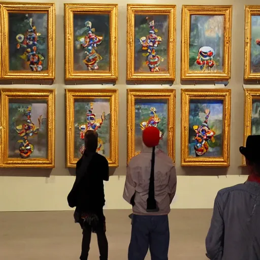 Image similar to clown gallery, photo of clowns in an art gallery looking at artwork of clowns