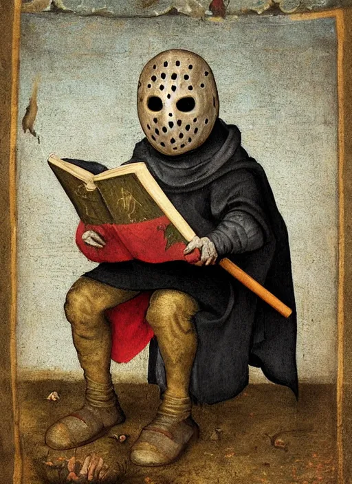 Image similar to medieval Jason Voorhees reading a book painted by hieronymus bosch, detailed digital art, trending on Artstation