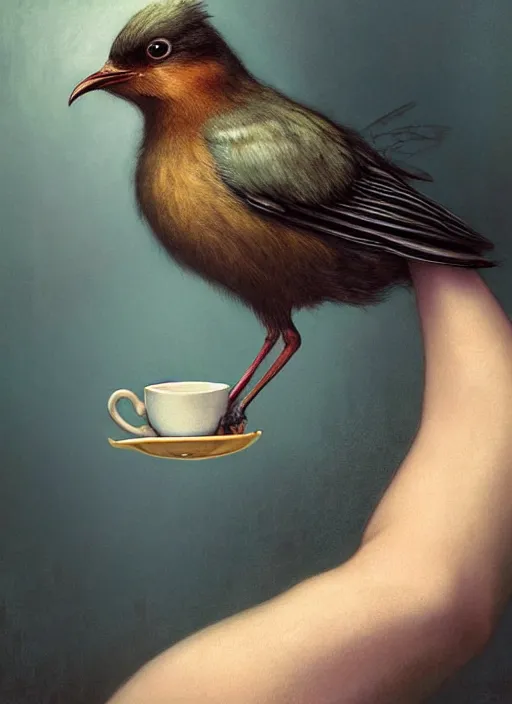 Image similar to a bird holds a cup of tea in its hands, hyperrealism, no blur, 4 k resolution, ultra detailed, style of tyler edlin, tom bagshaw, arthur rackham, ivan shishkin