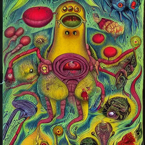 Image similar to futuristic bestiary of repressed emotion monsters and creatures starting a fiery revolution in the psyche, in the style of COdex Seraphinianus