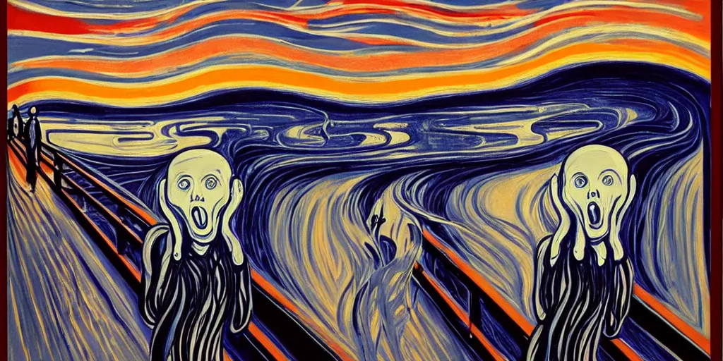 Image similar to a beautiful painting of the scream painting with robot by aaron horkey, trending on artstation