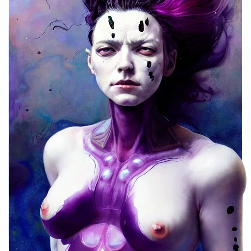 Prompt: pale woman in sci - fi power armor with purple hair, powerful, domineering, stoic, masterful, intense, in the style of adrian ghenie, esao andrews, jenny saville,, surrealism, dark art by james jean, takato yamamoto